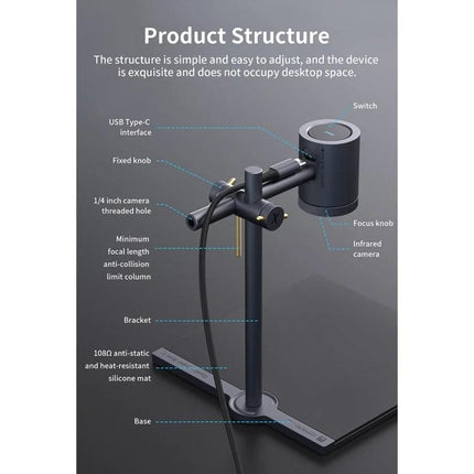 Qianli Super Cam X Thermal Imager for Electronics Repair showing product structure with adjustable bracket, infrared camera, USB-C and focus knob
