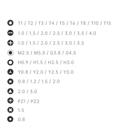 Jakemy 47-in-1 Precision Magnetic Screwdriver Set for Repairs showing list of included bit types and sizes (T1-T15, Philips, flat, hex, Torx, pentalobe, Y, etc.)