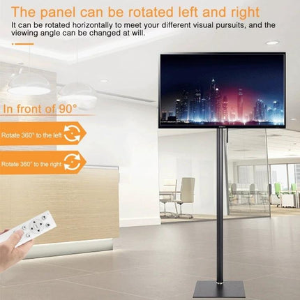 Height Adjustable TV Floor Stand with 360 Degree Rotation for TVs in modern office, remote control, shows 360° rotation and height-adjustable mount