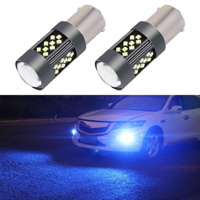 Strobe Car Fog Light Kit For Everyday Night Driving LED strobe-capable fog bulbs showing bright blue illumination on a car at night