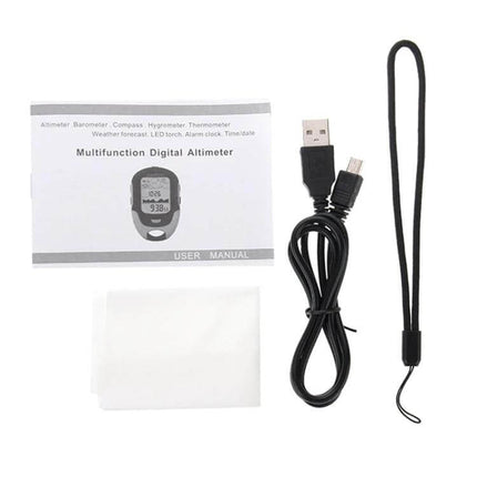 Sunroad LCD Altimeter With Compass For Hiking And Outdoor Use showing user manual, USB charging cable, wrist strap, and cleaning cloth