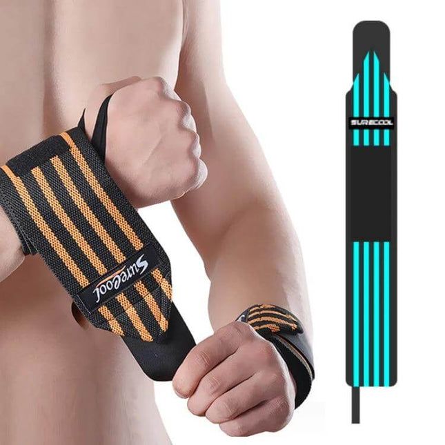 SURECOOL Wrist Wraps 50x8 Cm For Weightlifting And Training shown on wrists with thumb loop and striped polyester elastic support