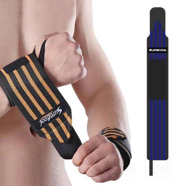 SURECOOL Wrist Wraps 50x8 Cm For Weightlifting And Training - adjustable polyester elastic wrist support shown on model