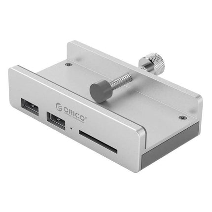 ORICO Clip-Type USB 3.0 Hub with 2 Ports and SD Card Reader clipped to monitor edge, two USB 3.0 ports and SD card slot, silver finish