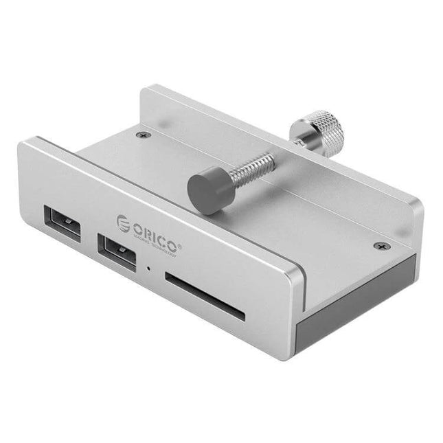 ORICO Clip-Type USB 3.0 Hub with 2 Ports and SD Card Reader clipped to monitor edge, two USB 3.0 ports and SD card slot, silver finish