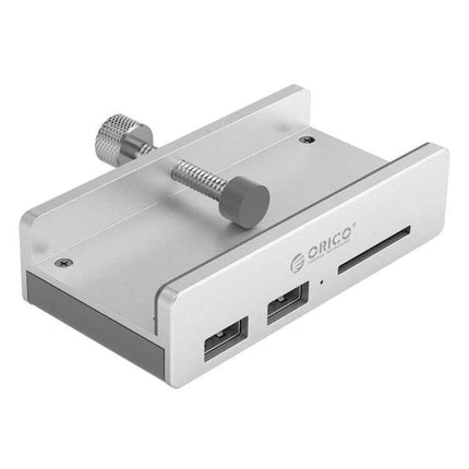 ORICO Clip-Type USB 3.0 Hub with 2 Ports and SD Card Reader clipped to monitor edge showing two USB 3.0 ports and SD card slot