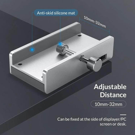 ORICO Clip-Type USB 3.0 Hub with 2 Ports and SD Card Reader silver adjustable clip mount showing anti-skid silicone mat and 10-32mm range