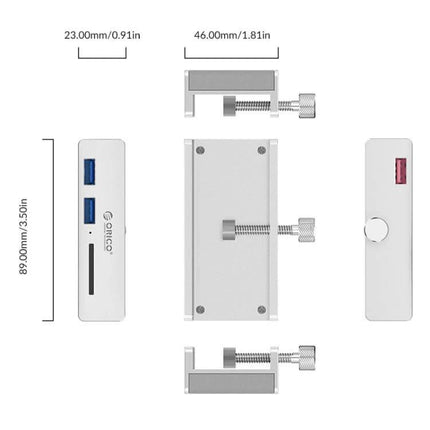 ORICO Clip-Type USB 3.0 Hub with 2 Ports and SD Card Reader — white clamp-on hub showing two USB 3.0 ports, SD card slot and clamp dimensions