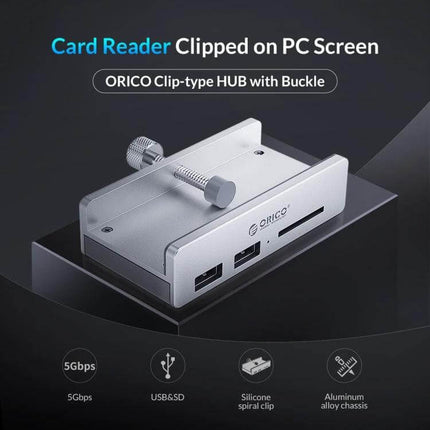 ORICO Clip-Type USB 3.0 Hub with 2 Ports and SD Card Reader clipped to PC screen showing two USB 3.0 ports and SD card slot