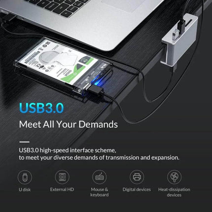 ORICO Clip-Type USB 3.0 Hub with 2 Ports and SD Card Reader clipped to laptop screen showing two USB devices and SD card transfer