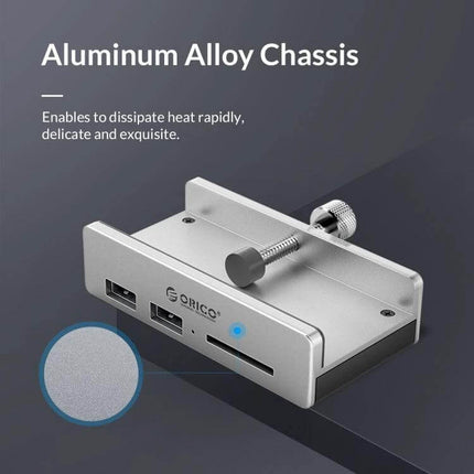 ORICO Clip-Type USB 3.0 Hub with 2 Ports and SD Card Reader - silver aluminum alloy chassis clip-on hub showing 2 USB ports and SD card slot