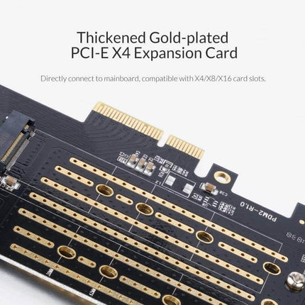 Orico PDM2 Adapter for Upgrading PC Storage with M.2 Drives showing thickened gold-plated PCI-E X4 expansion card and dual M.2 slots
