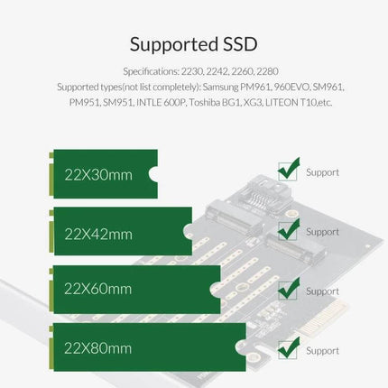 Orico PDM2 Adapter for Upgrading PC Storage with M.2 Drives showing supported M.2 SSD sizes 2230 2242 2260 2280 and dual ports