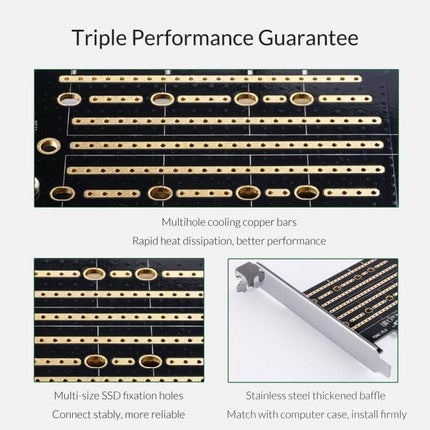 Orico PDM2 Adapter for Upgrading PC Storage with M.2 Drives showing multihole cooling copper bars, multi-size SSD fixation holes and steel baffle