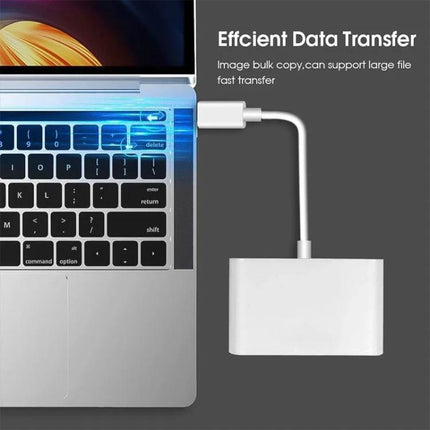 Compact Card Reader for Daily Data Transfers on the Go connected to laptop for fast SD card file transfer, compact white adapter for travel and remote work