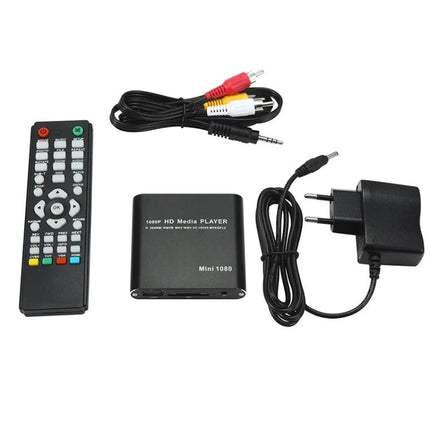 Mini Portable Media Player for USB and SD Card Playback with remote, AV cable and power adapter compact travel media player