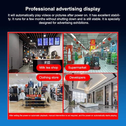 Mini Portable Media Player for USB and SD Card Playback showing use cases in milk tea shop, supermarket, clothing store, and hotel lobby