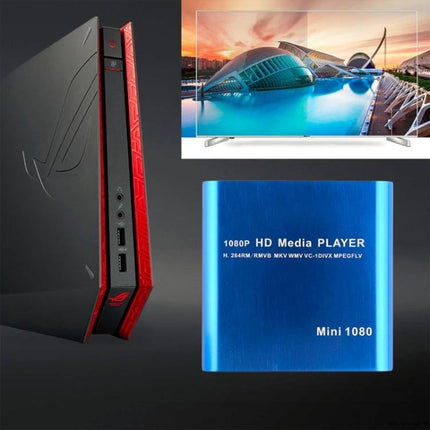 Mini Portable Media Player for USB and SD Card Playback compact blue 1080P player next to TV and gaming console