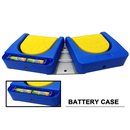 Wireless Bluetooth Foot Pedal for Hands-Free Device Control - blue dual pedal with yellow pads showing battery case and USB port