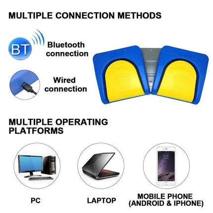 Wireless Bluetooth Foot Pedal for Hands-Free Device Control - dual blue-yellow pedal showing Bluetooth and wired connections for PC, laptop, and mobile use