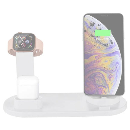 A Rotatable Charging Base for Everyday Home Device Needs charging station holding phone upright, smartwatch and earbuds on one rotating stand