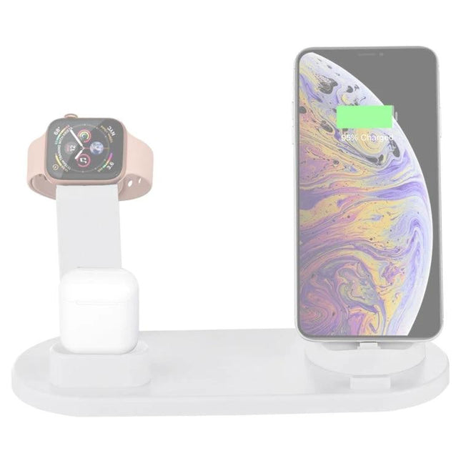 A Rotatable Charging Base for Everyday Home Device Needs charging station holding phone upright, smartwatch and earbuds on one rotating stand