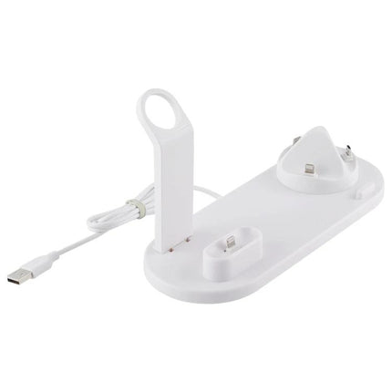 A Rotatable Charging Base for Everyday Home Device Needs with upright phone holder, smartwatch stand and earbuds dock in white, USB cable included