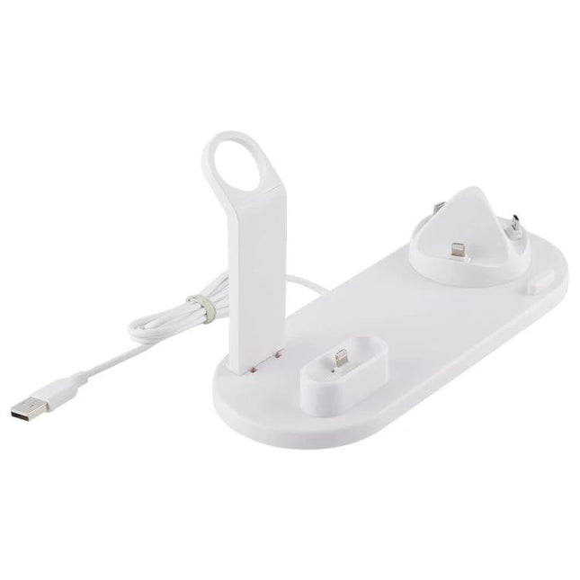 A Rotatable Charging Base for Everyday Home Device Needs with upright phone holder, smartwatch stand and earbuds dock in white, USB cable included