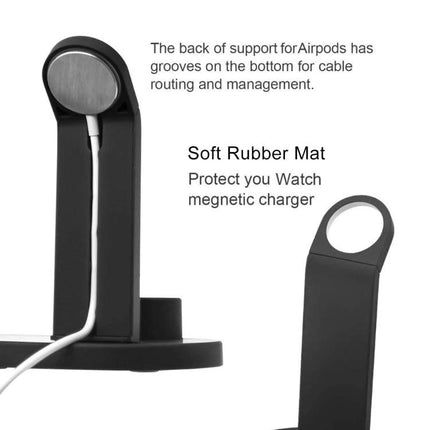 A Rotatable Charging Base for Everyday Home Device Needs showing phone holder, smartwatch ring, AirPods support with cable grooves and soft rubber mat