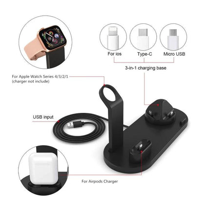 A Rotatable Charging Base for Everyday Home Device Needs showing phone holder, watch stand, earbuds dock and USB input