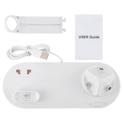 A Rotatable Charging Base for Everyday Home Device Needs - white 3-in-1 dock with phone holder, smartwatch ring, earbuds pad and USB cable