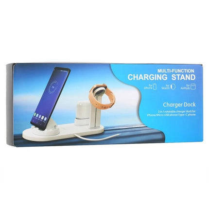 A Rotatable Charging Base for Everyday Home Device Needs with phone holder, smartwatch stand and earbuds charging dock in white