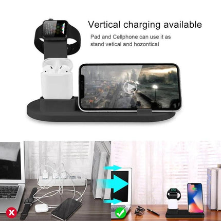 A Rotatable Charging Base for Everyday Home Device Needs shown holding a phone, smartwatch, and earbuds for tidy vertical and horizontal charging