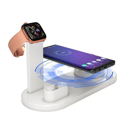 A Rotatable Charging Base for Everyday Home Device Needs - white stand charging phone upright smartwatch earbuds