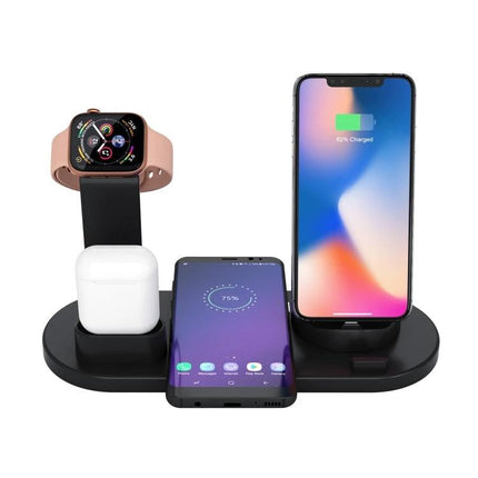 A Rotatable Charging Base for Everyday Home Device Needs showing phone, smartwatch, earbuds charging simultaneously