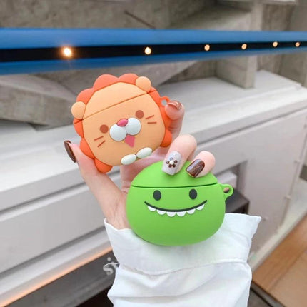 Daily Use Lion Design Protective Case for AirPods - orange lion silicone case shown held with green companion case, protects earbuds and allows charging