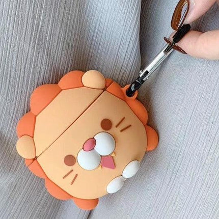 Daily Use Lion Design Protective Case for AirPods shown in orange lion silicone with keyring clip for commuting and gym protection