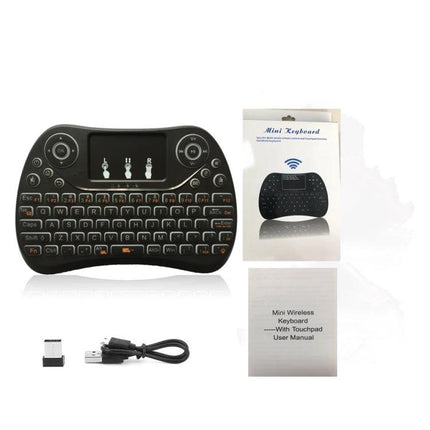 I8 Max Mini Wireless Keyboard with Touchpad and Backlit Keys compact black wireless keyboard with touchpad, backlit keys, USB dongle and manual