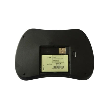 I8 Max Mini Wireless Keyboard with Touchpad and Backlit Keys - rear view showing battery compartment and 2.4GHz USB dongle