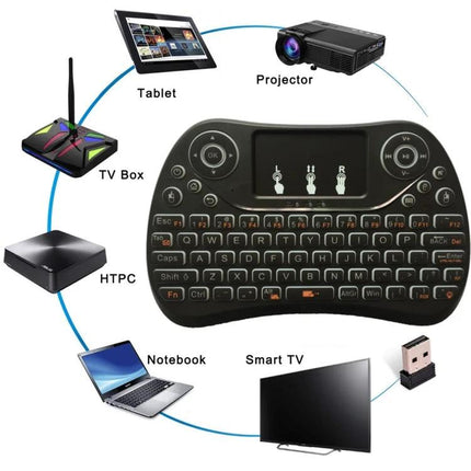 I8 Max Mini Wireless Keyboard with Touchpad and Backlit Keys shown with touchpad, backlit mini keys and USB adapter for smart TV, tablet, projector, PC