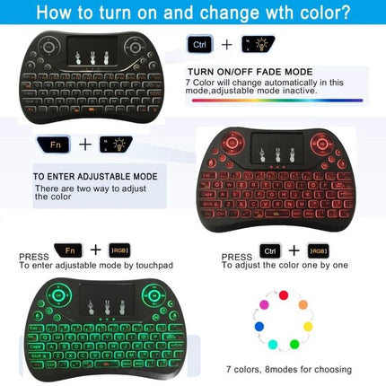 I8 Max Mini Wireless Keyboard with Touchpad and Backlit Keys showing red and green backlit modes and instructions for changing colors