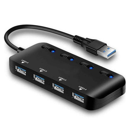 USB 3.0 4-Port Hub with Individual Switches for Multiple Devices - compact black hub with four USB 3.0 ports and individual power switches