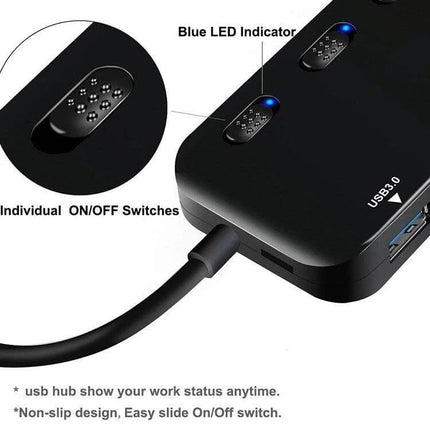 USB 3.0 4-Port Hub with Individual Switches for Multiple Devices showing individual on/off switches and blue LED indicators