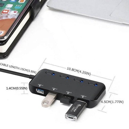 USB 3.0 4-Port Hub with Individual Switches for Multiple Devices black compact hub with four USB drives connected and individual blue indicator lights