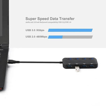 USB 3.0 4-Port Hub with Individual Switches for Multiple Devices connected to laptop showing high-speed 5Gbps transfer and four ports