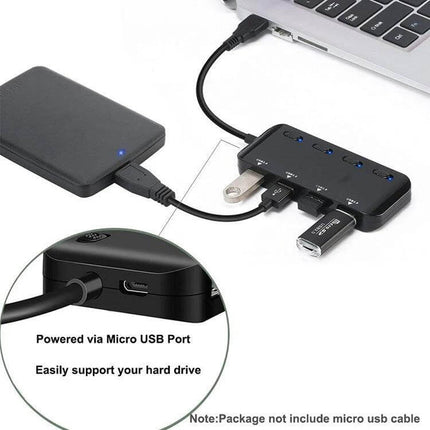 USB 3.0 4-Port Hub with Individual Switches for Multiple Devices showing hub connected to laptop, external drive and USB devices