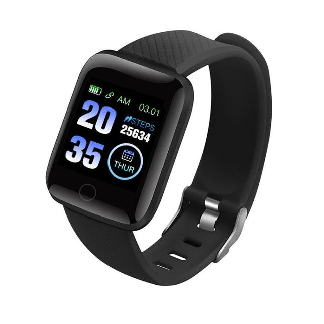 116plus Bracelet for Everyday Activity and Health Monitoring black fitness tracker showing steps, heart rate and sleep reminders