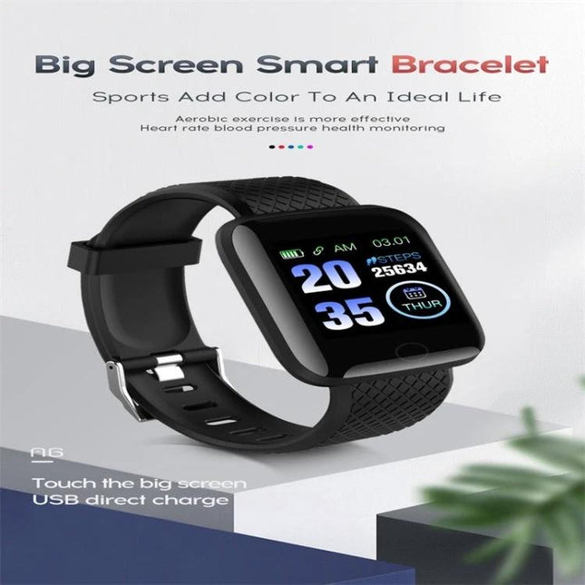 116plus Bracelet for Everyday Activity and Health Monitoring showing black smartwatch with big color screen displaying steps, heart rate and time