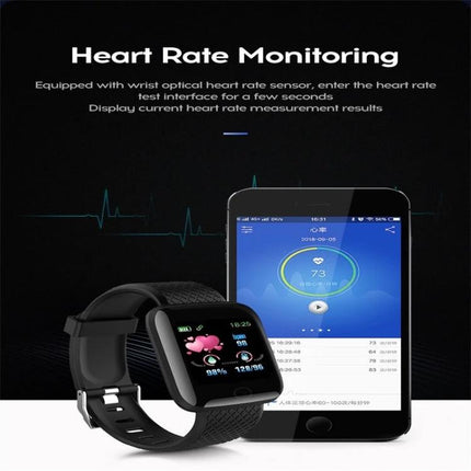 116plus Bracelet for Everyday Activity and Health Monitoring showing heart rate tracking on smartwatch and phone app