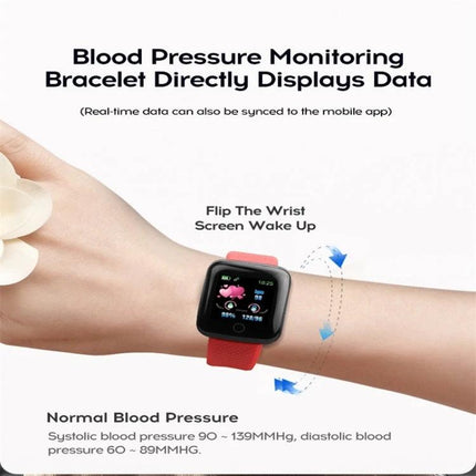 116plus Bracelet for Everyday Activity and Health Monitoring showing blood pressure, heart rate and step tracking on wrist with red band